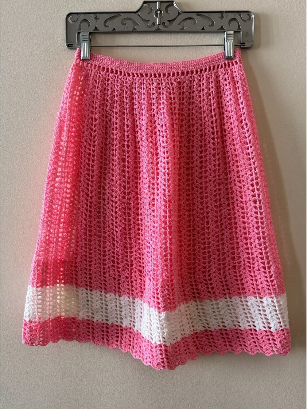 VINTAGE 70'S PINK AND WHITE HAND CROCHET A-LINE SHEER SKIRT S